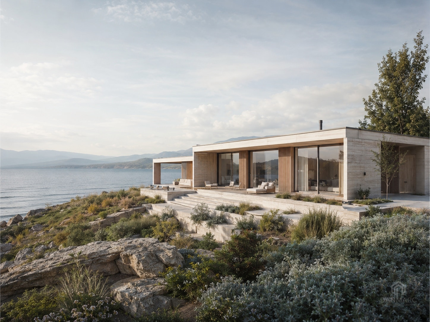Exterior of the single-storey house on the rocky shore of Lake Sevan, with floor-to-ceiling glass walls, vertical wood slats and a terrace with steps
