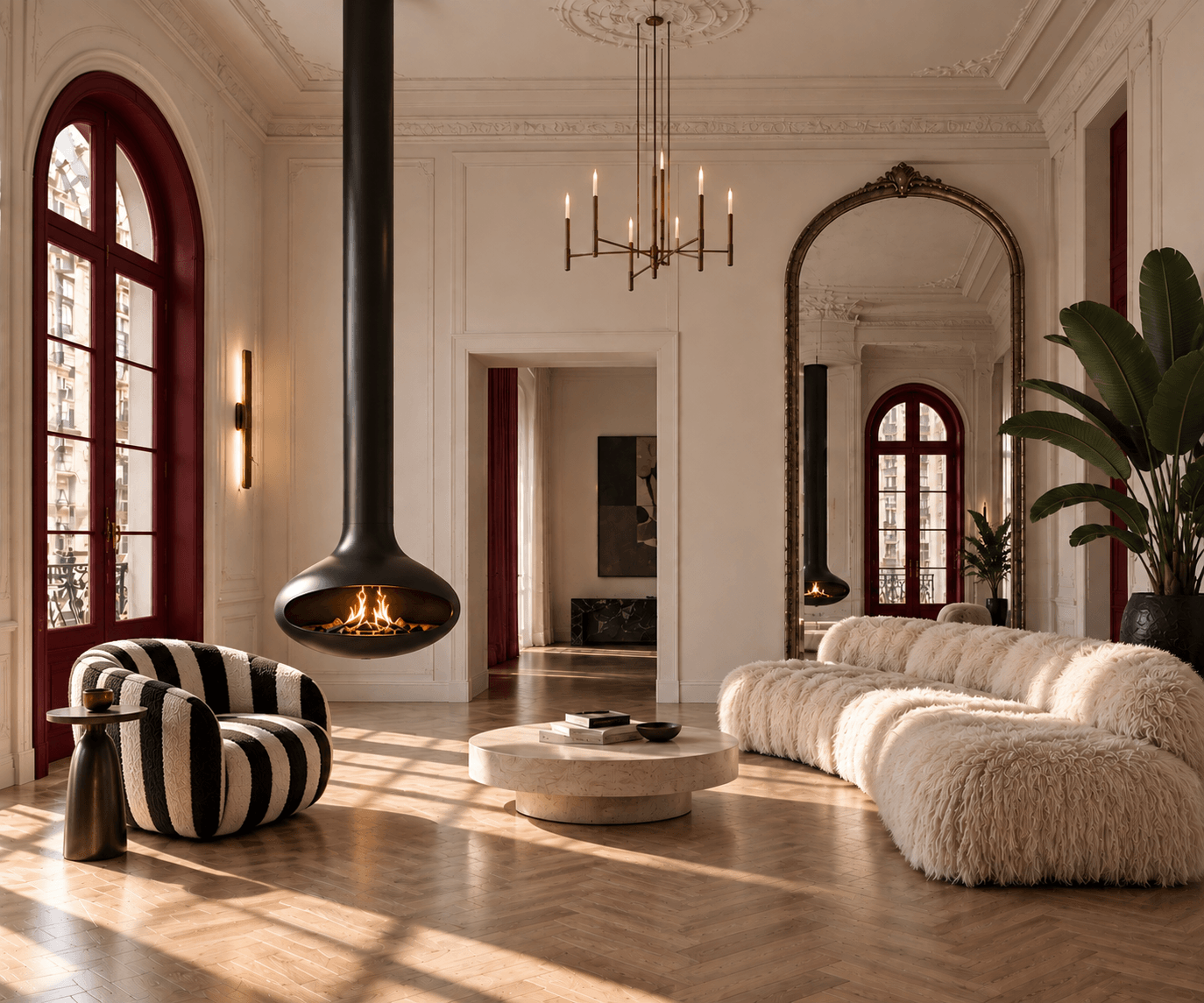 Living room with arched burgundy-framed windows, a suspended black fireplace, a striped armchair, a shaggy curved sofa and a round coffee table