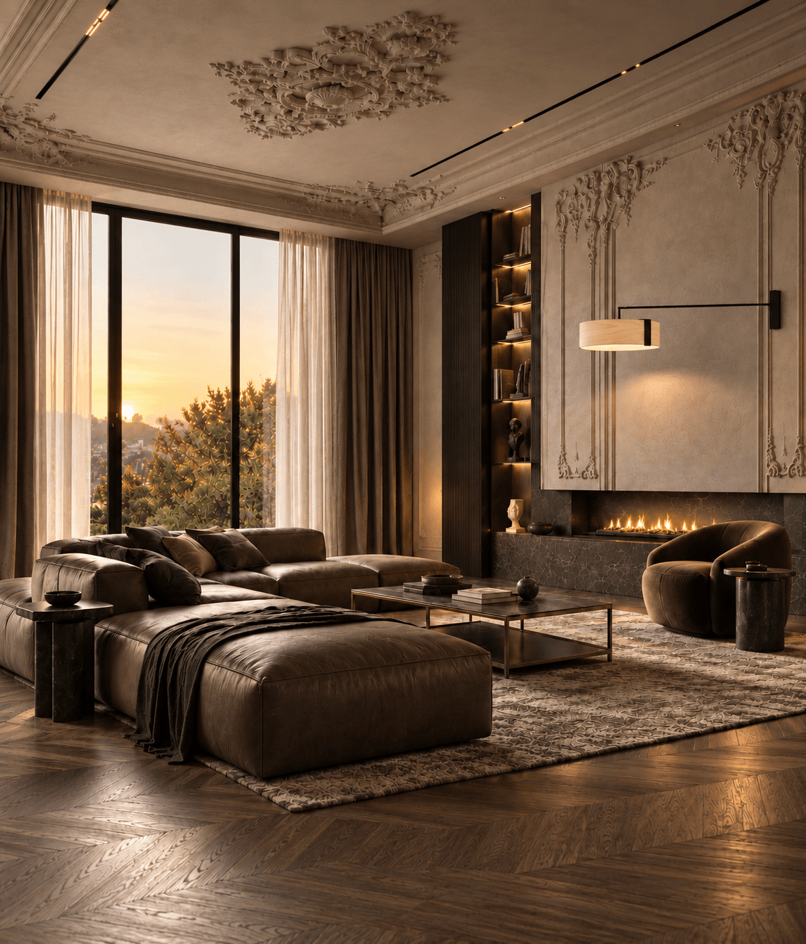 Living room with a leather modular sofa, velvet armchair and long stone fireplace beneath ornate plaster walls, lit by sunset from a tall window